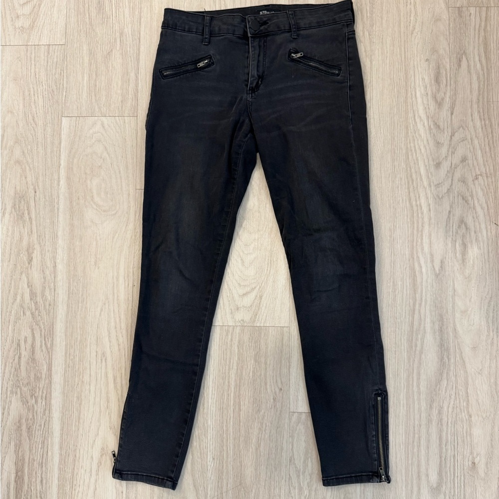 STS Black Fade Ankle Cropped Stretchy Jeans with Zipper Details
